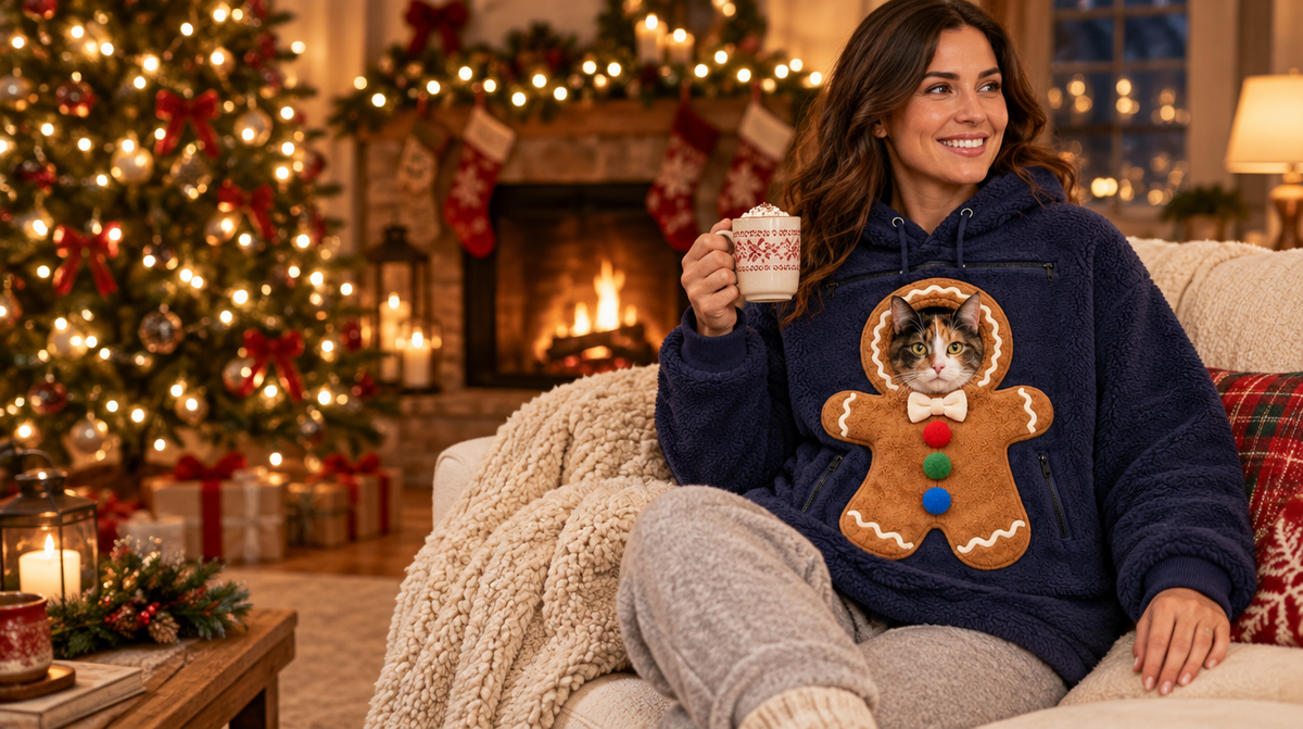 Woman on a cozy Christmas sofa with her cat peeking out of a PawPeek gingerbread hoodie